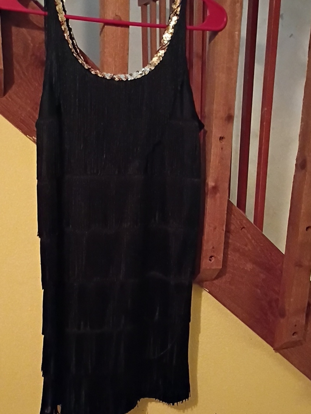 Black Mini Fringe Dress with Gold Sequin Neckline